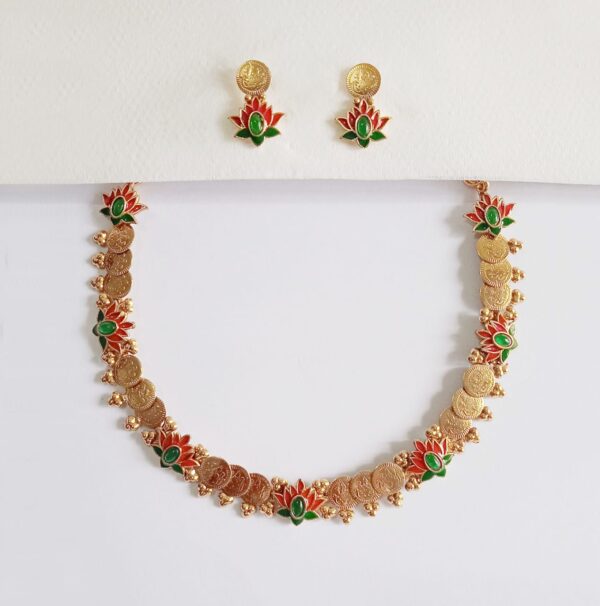 Enamel-Lotus-Lakshmi-Coin-Choker-Necklace-Set