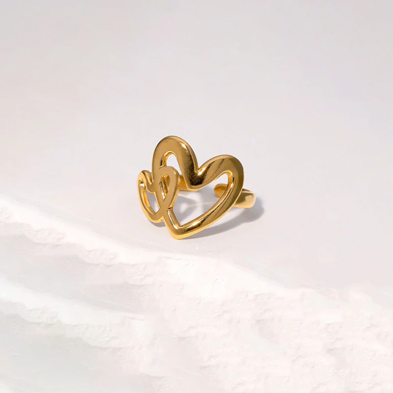 Gold-Plated-Anti-Tarnish-Stainless-Steel-Linked-Heart-Adjustable-Ring