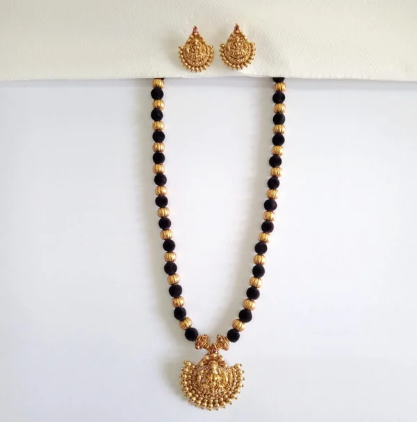 Lakshmi Black Thread Golden Beads Traditional Necklace with Earrings