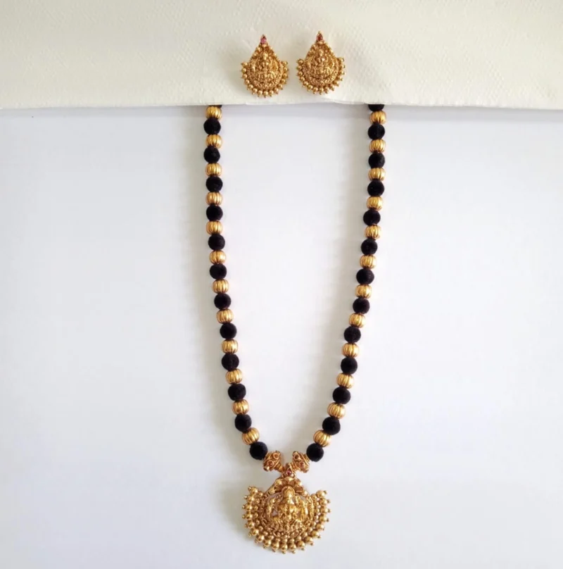 Lakshmi Black Thread Golden Beads Traditional Necklace with Earrings
