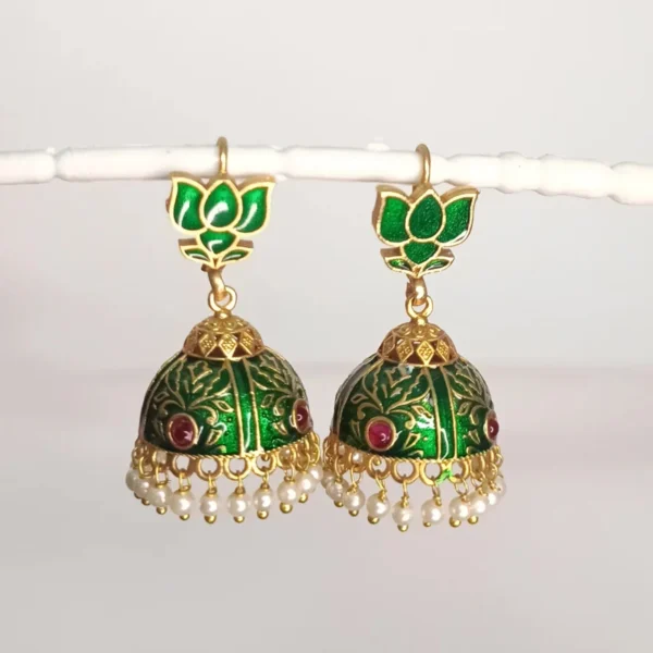 Green-Meenakari-Lotus-Jhumka-with-Pearl-Drops-Earrings-online