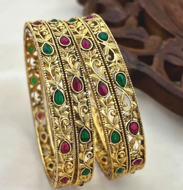 Matte-Gold-Plated-Bangles-with-Ruby-and-Green-Kempu-Stones