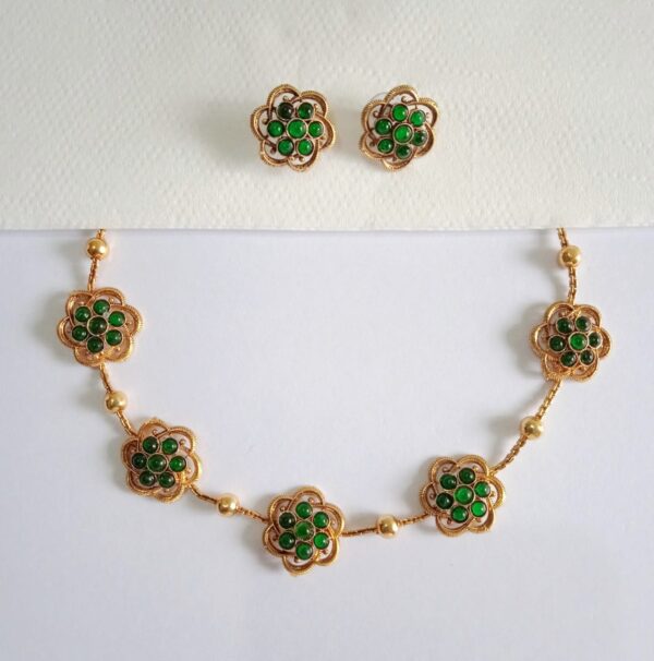 Traditional Floral Gold Beads Necklace with Earrings
