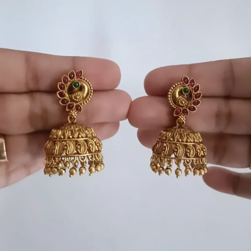 Antique Peacock Kempu Jhumka Earrings