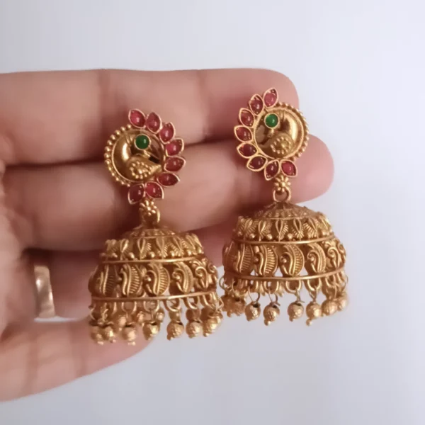 Antique-Matte-Finish-Traditional-Peacock-with-Kempu-Stones-Jhumkas-online