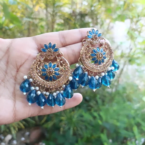 Neelam-Feroza-Stone-Studded-Floral-Design-Chandbali-Earrings-online