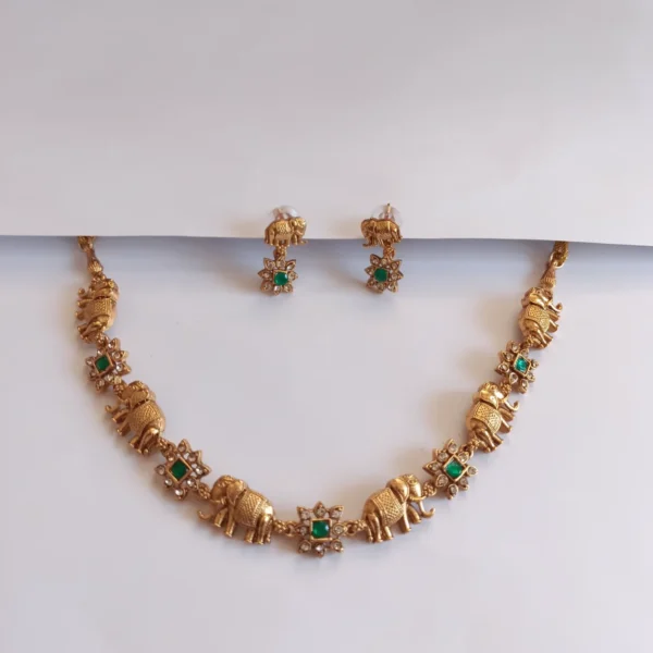 Antique-Gold-Plated-Gaja-Ratna-Necklace-Set-Elephant-Motifs-and-Green-Stone