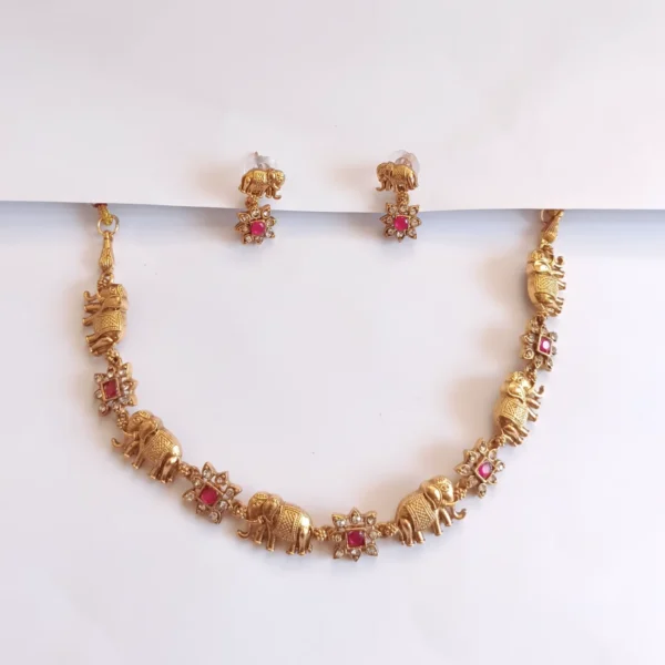 Antique-Gold-Plated-Gaja-Ratna-Necklace-Set-Elephant-Motifs-and-Ruby-Stones