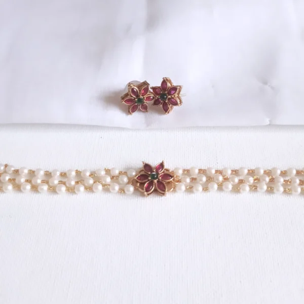 Floral-Motif-Three-Layer-White-Pearls-Choker-with-Earrings