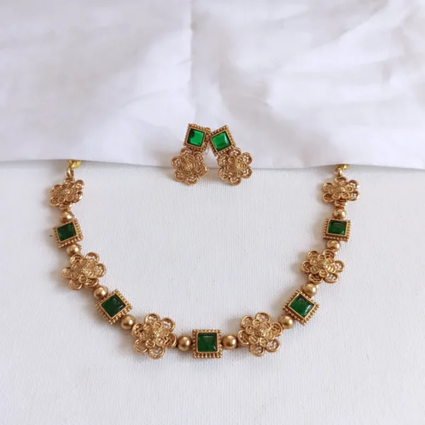 Floral-Rectangle-Sufi-Green-Stone-Choker-Necklace-with-Earrings