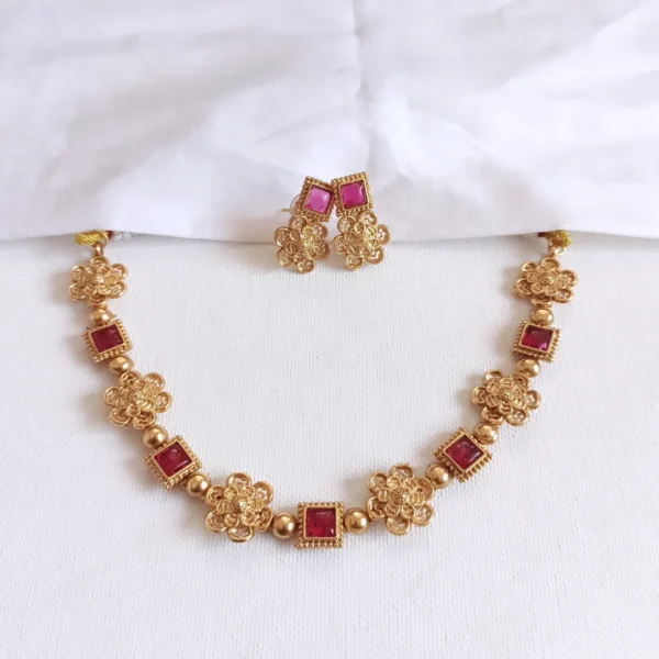 Floral-Rectangle-Sufi-Ruby-Stone-Choker-Necklace-with-Earrings