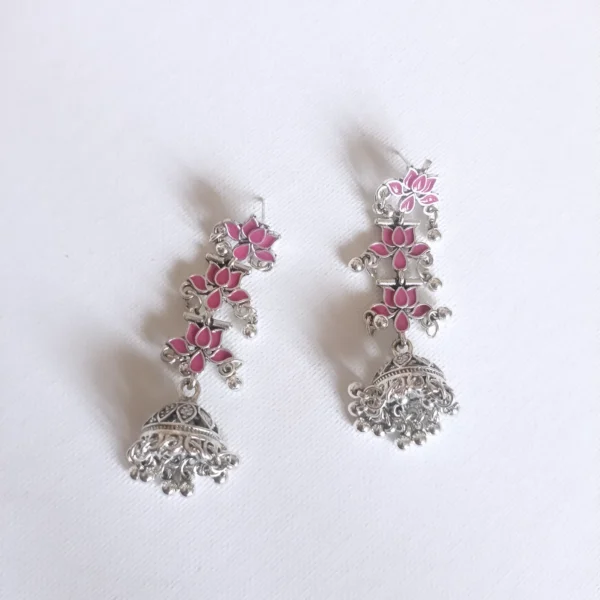 Oxidized Lotus Jhumka Earrings
