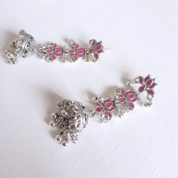 Oxidized-Multi-Layer-Lotus-Jhumkas-Featuring-Pink-Enamel