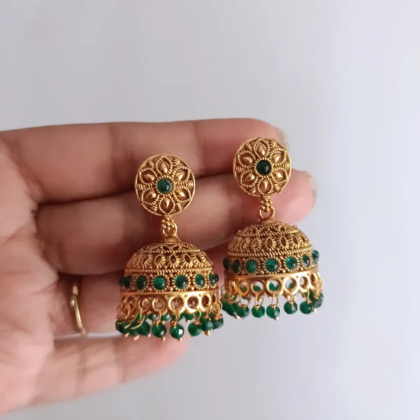Traditional-Antique-Dome-Shaped-Jhumkas-Studded-with-Green-Beads