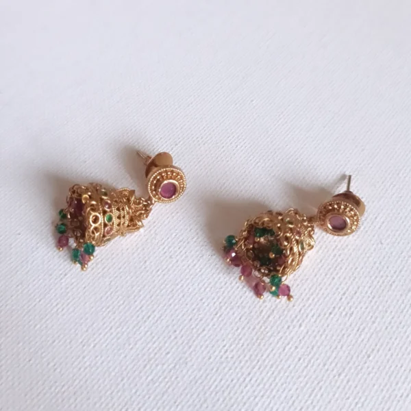 Traditional-Antique-Gold-Finish-Ruby-Emerald-Tones-Jhumkas
