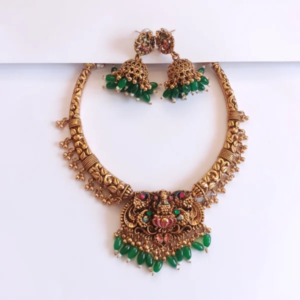 Traditional-Temple-Lakshmi-Pendant-Green-Bead-Hanging-Necklace