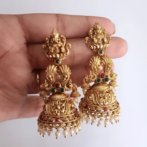 Traditional-Temple-Pearls-Kundan-Stones-Lakshmi-Jhumka-Earrings