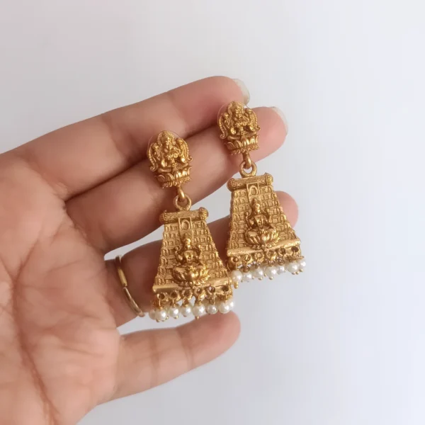 Antique-Gopuram-Style-Temple-Jhumka-Earrings-with-Pearl-Drops