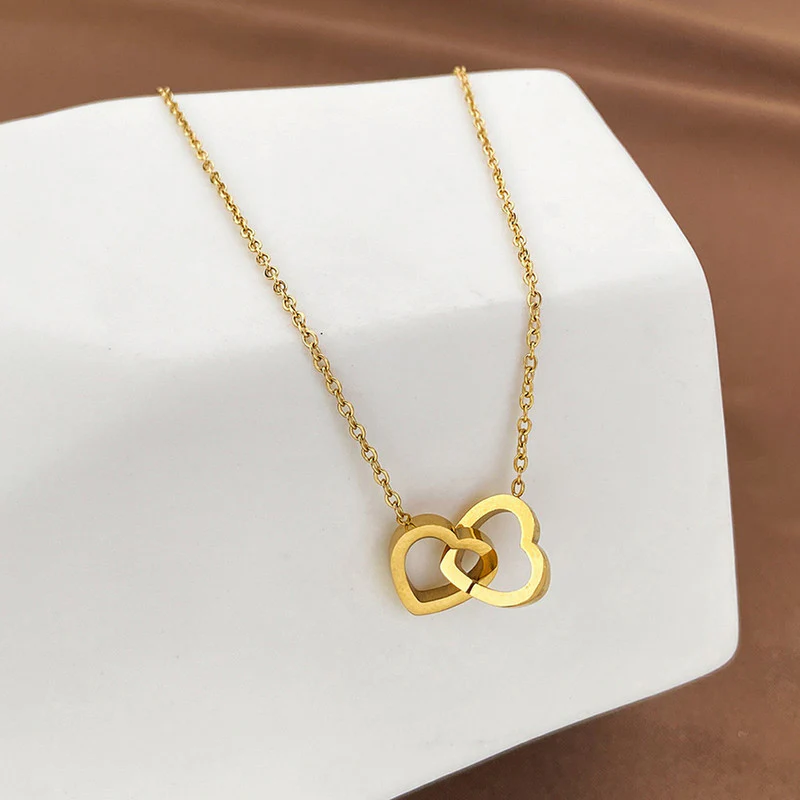 Anti Tarnish Double Heart Pendant Necklace