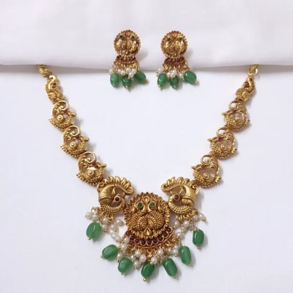 Temple Peacock Green Stone Necklace Set