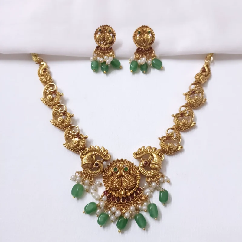 Temple Peacock Green Stone Necklace Set