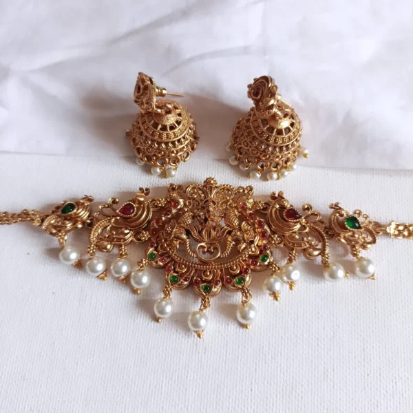 Traditional-Antique-Goddess-Lakshmi-and-Peacock-motifs-Choker-Set