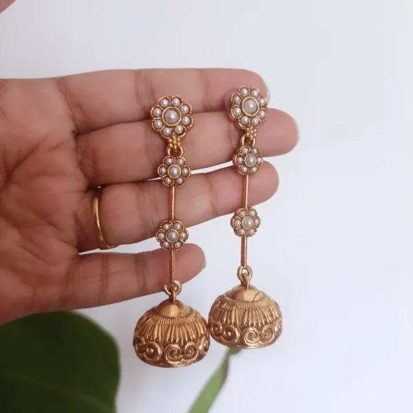 Matte-Finish-Lightweight-Kemp-white-Flower-Long-Jhumkka-Earrings