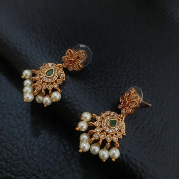 South-Indian-Traditional-AD-and-kemp-Stone-Dangling-Pearl-Earrings