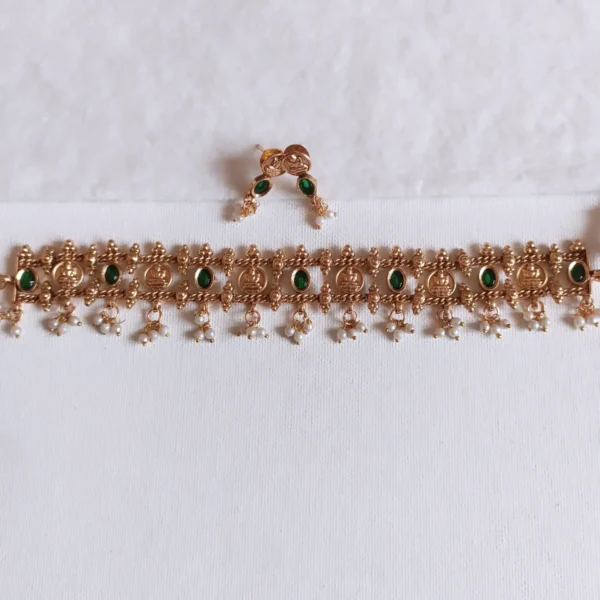 Traditional-Temple-Lekshmi-Coin-with-Green-Stones-and-Pearl-Drops-Choker