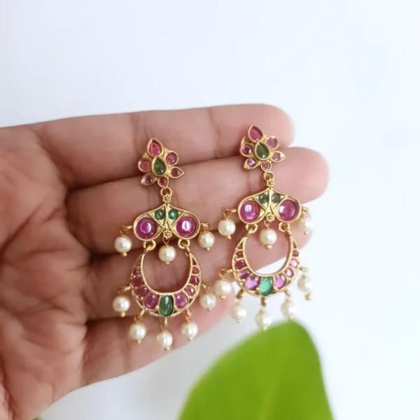 Stylish-Kemp-Stones-Chandbali-Earrings-with-Dangling-Pearl-Drops.