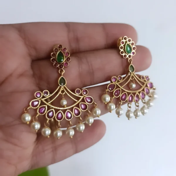Green Ruby Pota Stone Chandbali Earrings