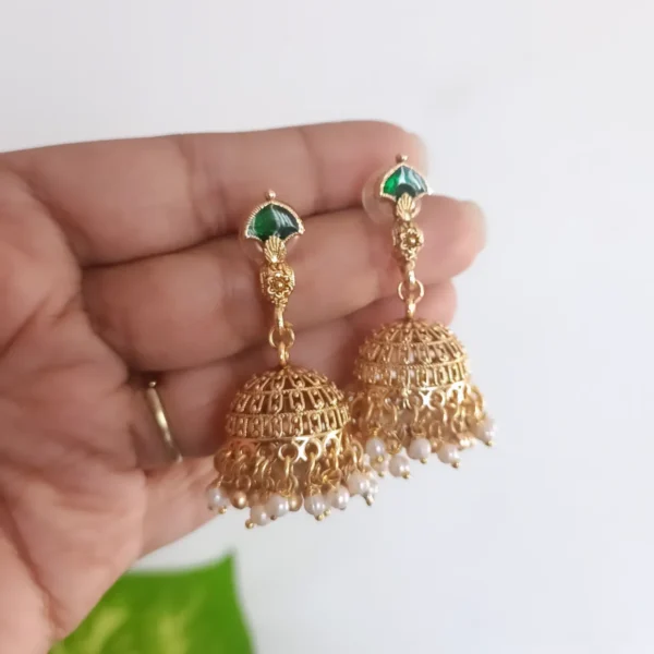 Green Palakka Pearl Jhumka Earrings